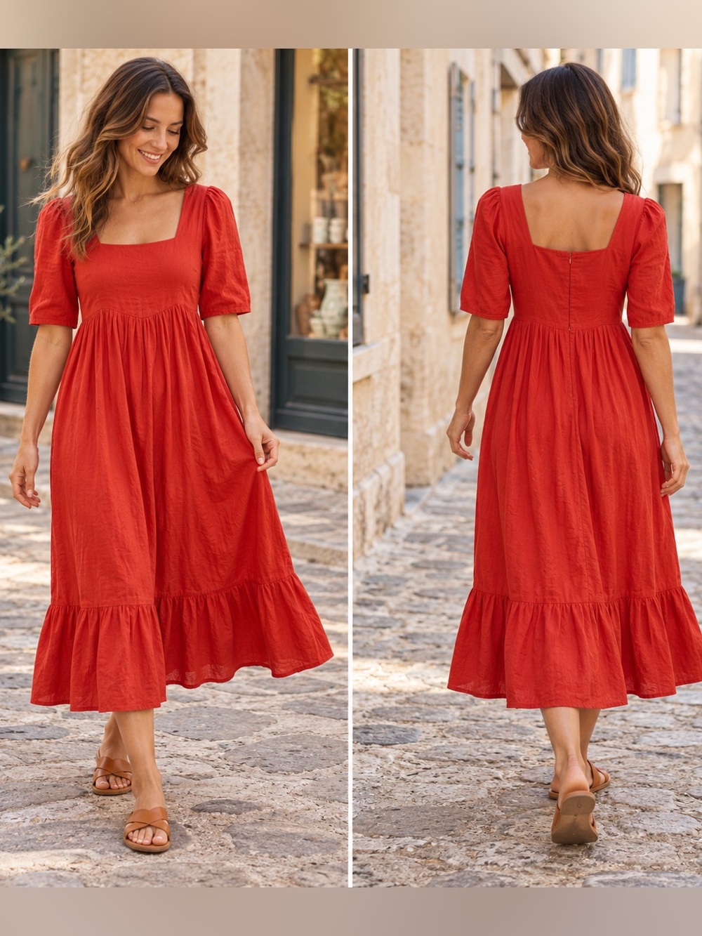 Meadows Clover Linen Orange Red Square Neck Puff Sleeve Midi Dress Size 4